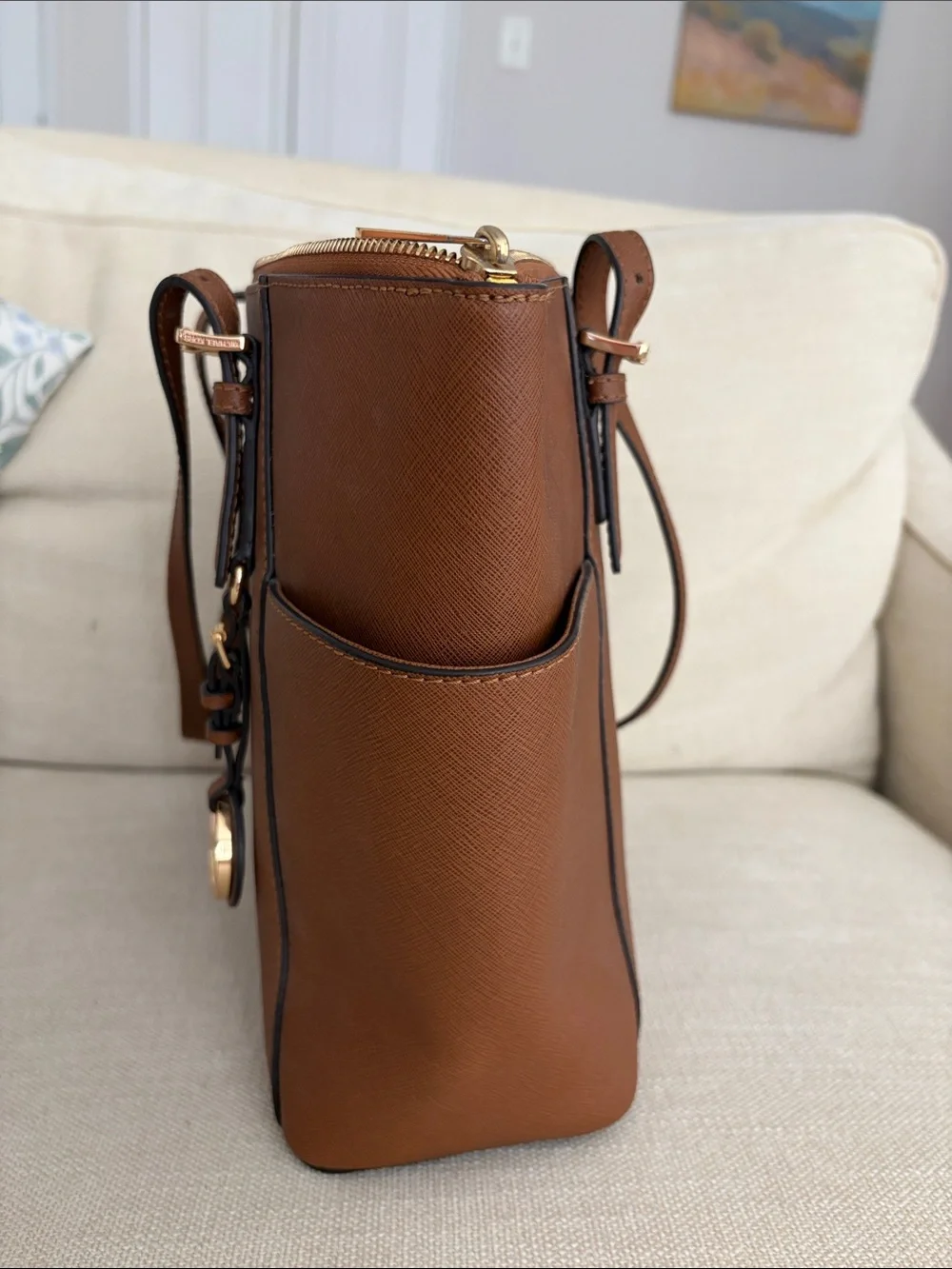 Michael Kors Tan Saffiano Leather Tote with Gold MK Charm